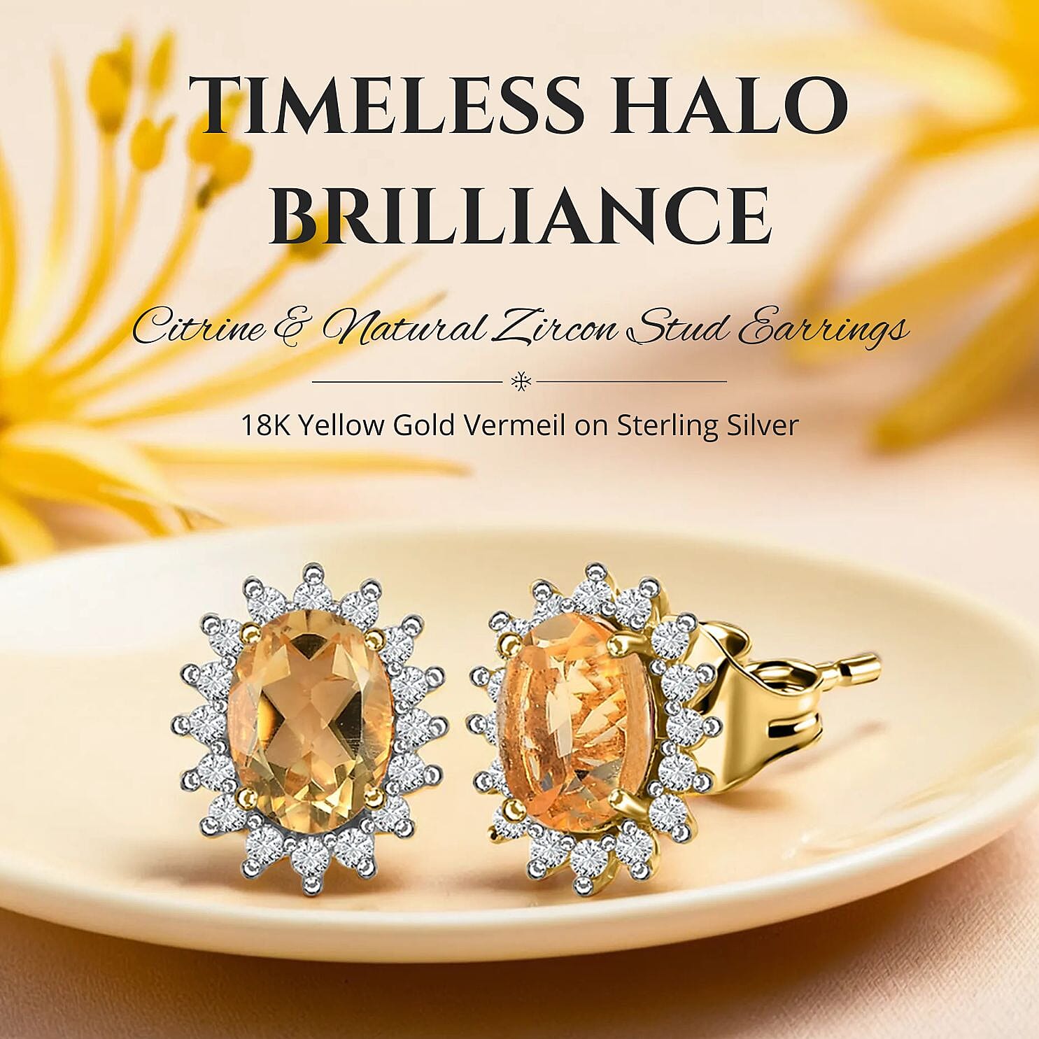 Citrine & Natural Cambodian Zircon Stud Earrings with Push Back in 18K Vermeil Yellow Gold Plated Sterling Silver 1.90 Ct.